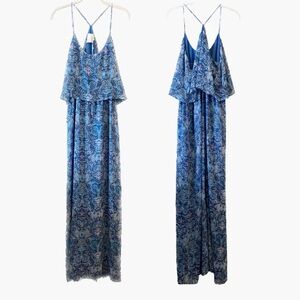 NWT Dalia Paisley Maxi Dress Full Length Boho Flounce Chiffon Blue 6